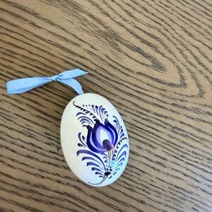 Hand-Painted Ceramic Egg Ornament with Blue Ribbon
